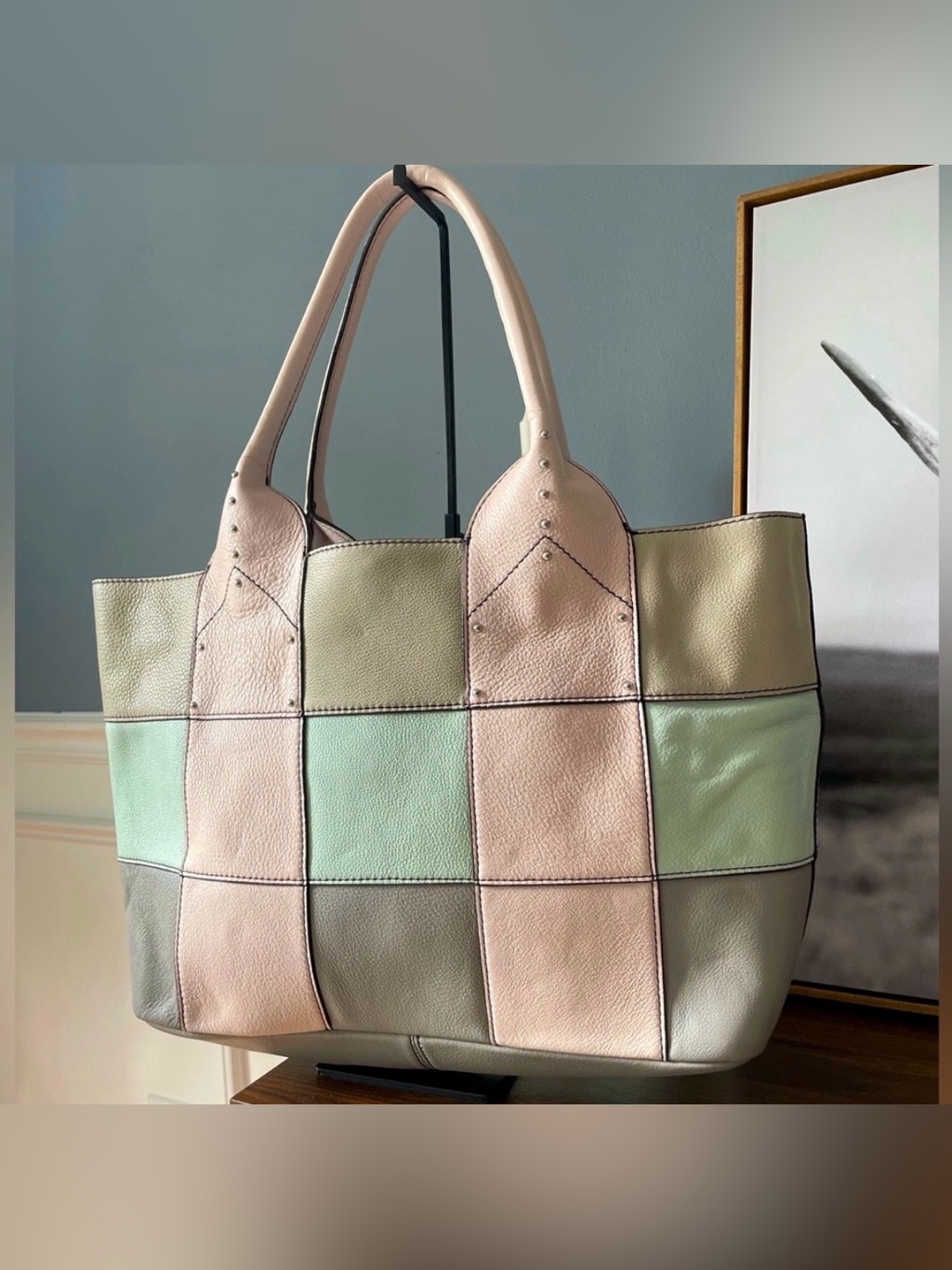 Oryany Pastel Patchwork Leather Tote Bag - Pink Mint Cream